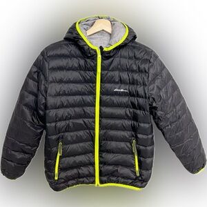 Eddie Bauer Black Gray Reversible Hooded Puffer Jacket Kid Size Medium 10/12